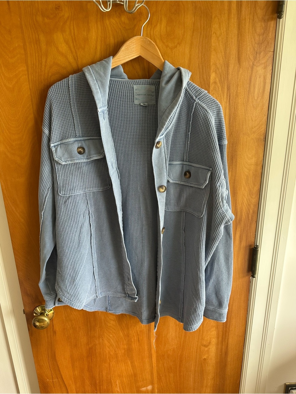 American Eagle Outfitters Light Blue Waffle-Knit Hooded Shirt Jacket